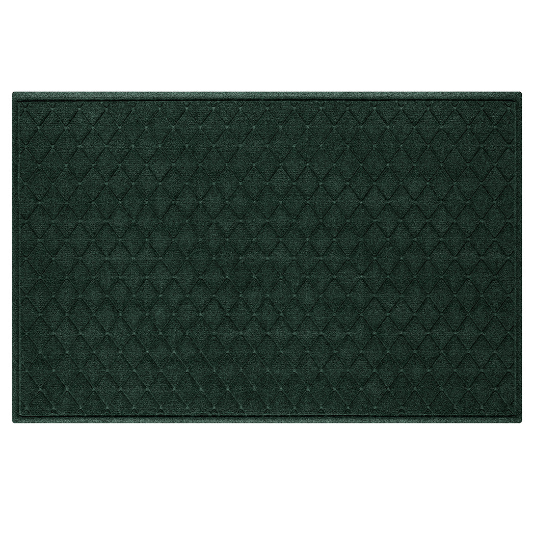 An extra large WaterHog premium door mat in a deep green interlocking diamond pattern is perfect for stopping dirt and mud at your home's front door.