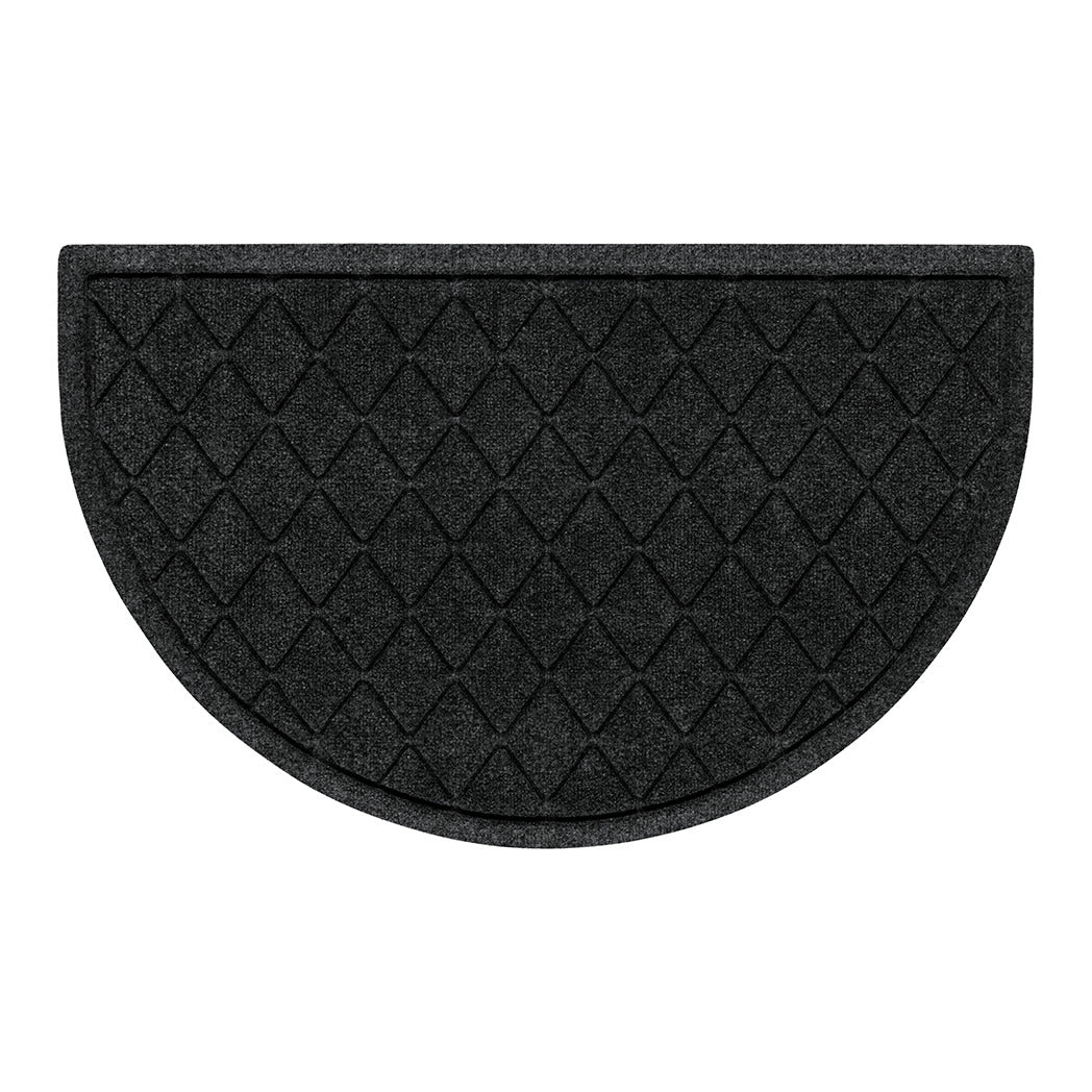 WaterHog Argyle doormat in a half-round, semi-circle shape, with a classic charcoal color and interlocking diamond design, all backed by Matterly's durable rubber backing.