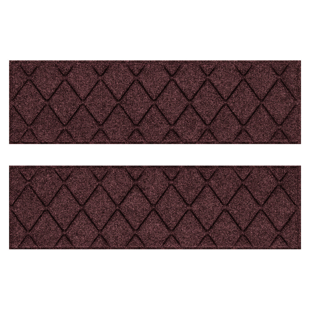Pair of WaterHog Argyle water-resistant stair treads with a deep wine-red interlocking diamond design on a stain-resistant surface.