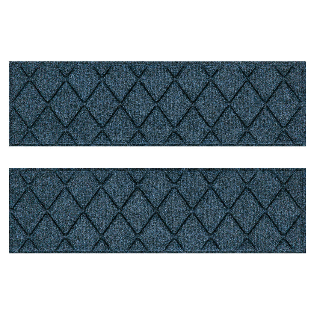 Quality WaterHog outdoor stair tread mats with a jean-blue surface and interlocking diamond pattern for a traditional look and feel.
