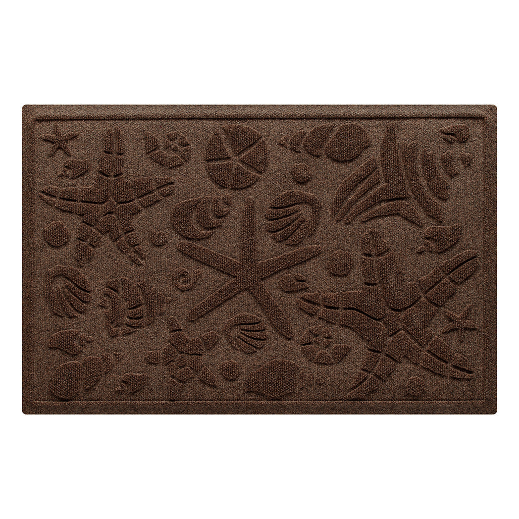 Isolated image of a nautical themed WaterHog Beachcomber medium size all-weather doormat that features a unique pattern of sea shells and starfish. Shown in dark brown color.