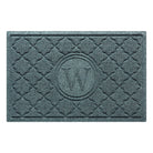 Isolated image of a medium size outdoor WaterHog Bombay Monogrammed Door mat that features a classic repeating geometric pattern with an encircled letter placed in the center; shown in a blue-grey color.