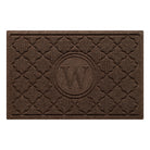 Isolated image of a medium all-weather WaterHog Bombay Monogrammed Outdoor Doormat that features a classic repeating geometric pattern with an encircled letter placed in the center; shown in a dark brown color.