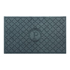 Isolated image of a large outdoor WaterHog Bombay Monogrammed Door mat that features a classic repeating geometric pattern with an encircled letter placed in the center; shown in a blue-grey color.