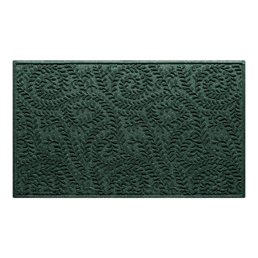 Boxwood WaterHog outdoor door mat in a deep green surface and curling botanical pattern, all backed by the incredible, durable rubber backing for maximum traction.