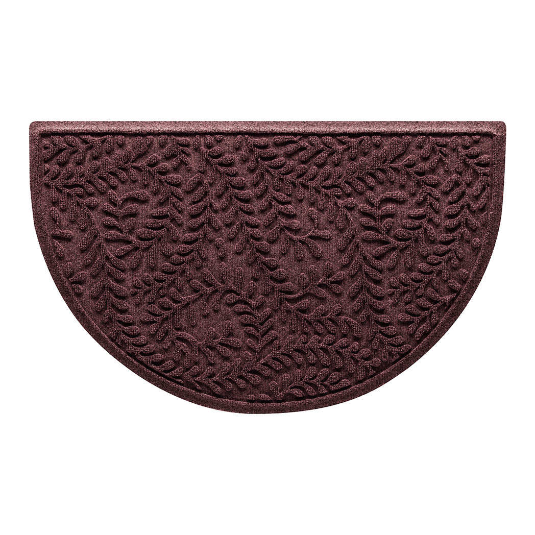 WaterHog Boxwood all-weather half-round doormat with a deep wine red surface and curling botanical pattern.