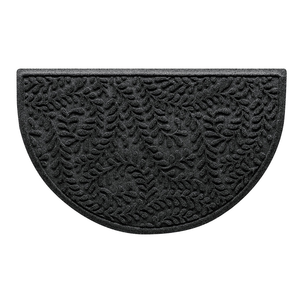 WaterHog Boxwood indoor/outdoor modern half-round doormat with a deep grey curling botanical, bi-level design.