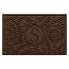 Monogrammed WaterHog medium stylish doormat in a dark earthy brown curling botanical pattern.