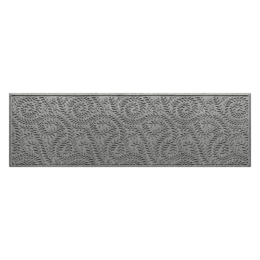 Overhead of a WaterHog medium-sized luxury runner in a light grey curling botanical, bi-level pattern.