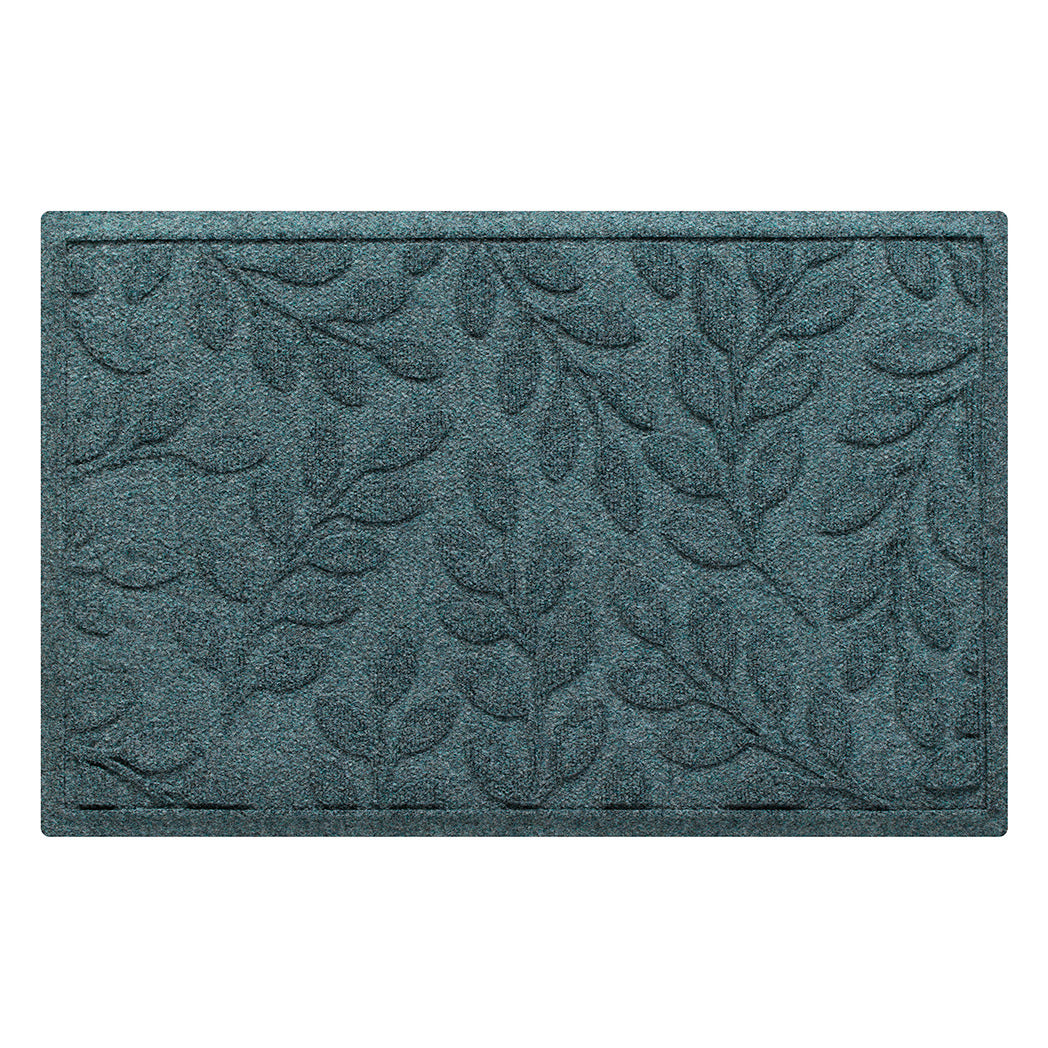 Beautiful eco-friendly WaterHog Doormat with blue/green botanical leaf pattern on a recycled PET surface.