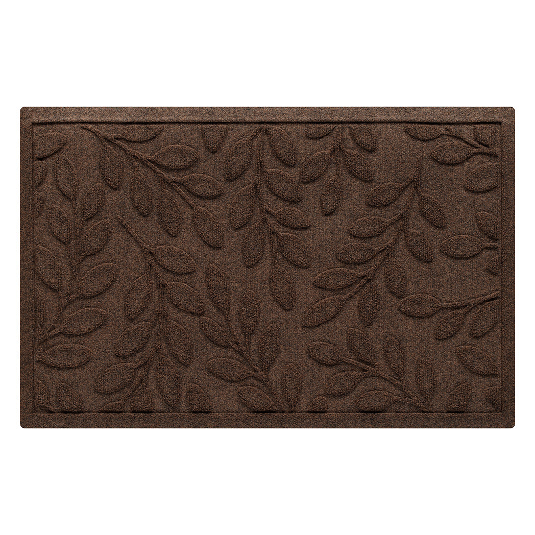 Beautful genuine all-weather WaterHog mat in an earthy dark brown botanical leaf design made of eco-friendly materials.