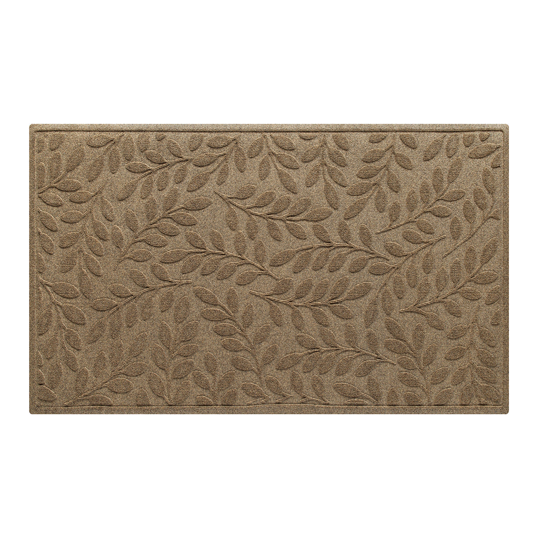 heavy duty beautiful WaterHog all-weather doormat in camel tan/beige color with leafy botanical bi-level pattern on recycled PET surface.