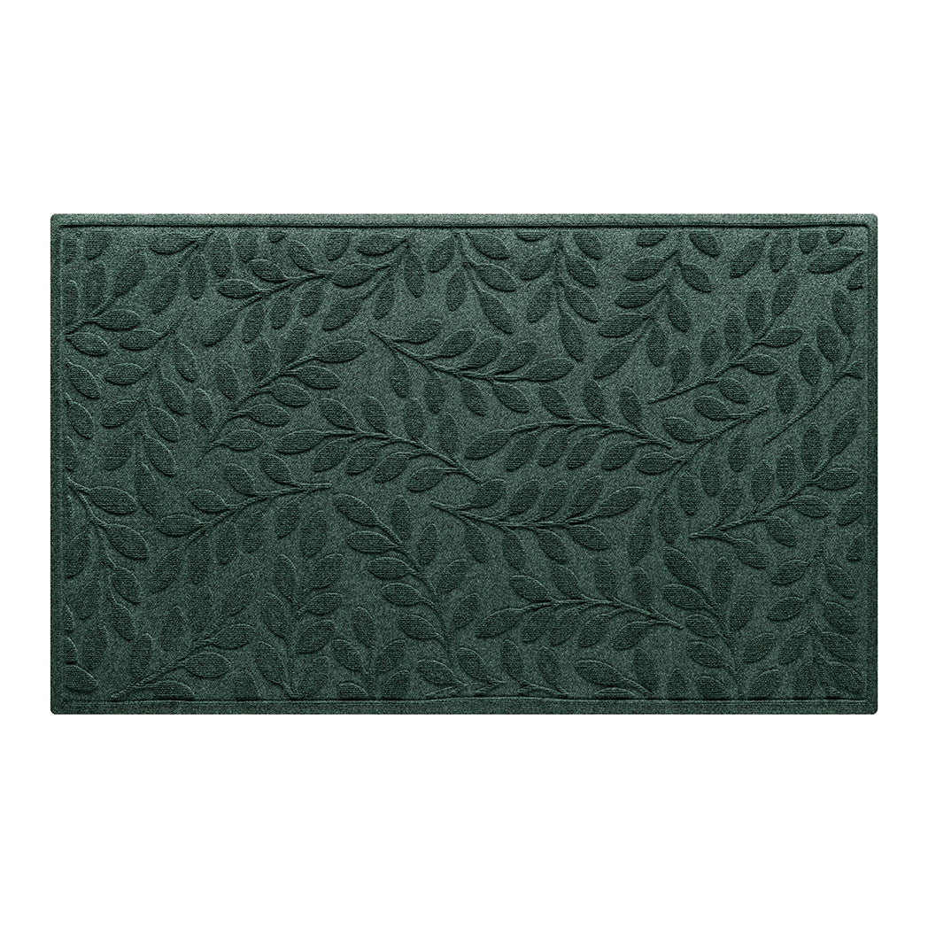 Long-lasting durable WaterHog doormat with botanical leafy patter on a PET bi-level surface in earthy green.
