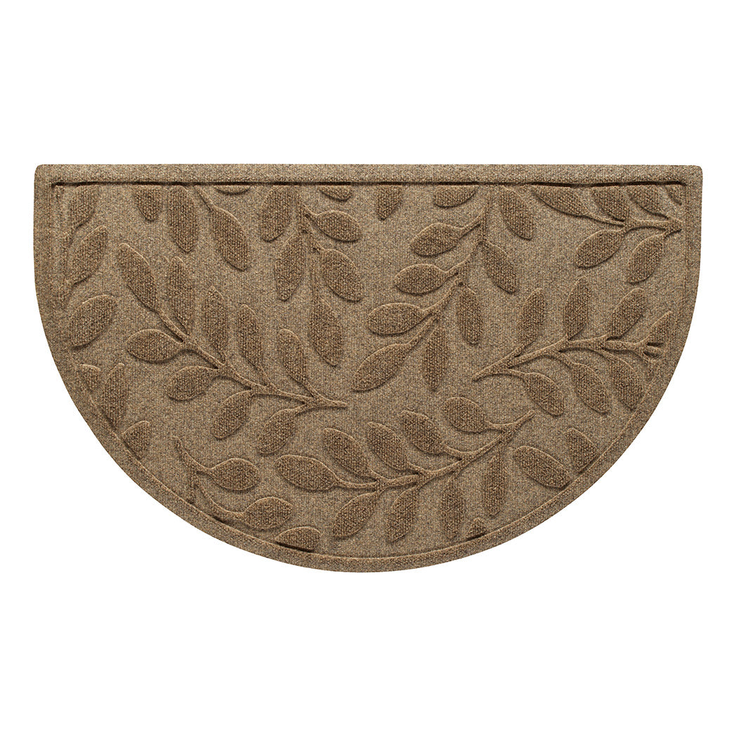 Indoor/Outdoor all-weather half-round WaterHog doormat in tan/beige botanical design made with eco-friendly materials in the USA.