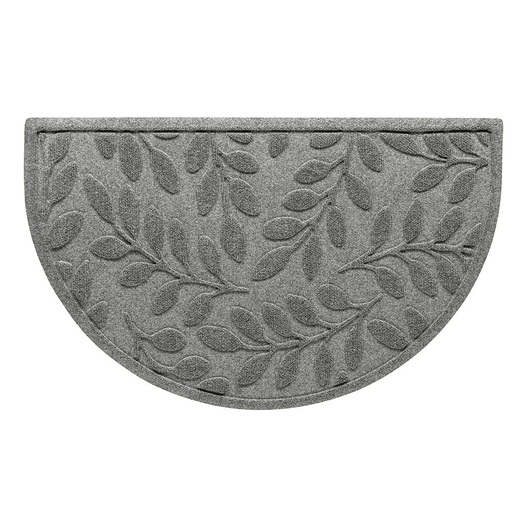 All-weather WaterHog half-round doormat in Brittney Leaf medium grey design perfect for trapping dirt and debris to prevent tracking.
