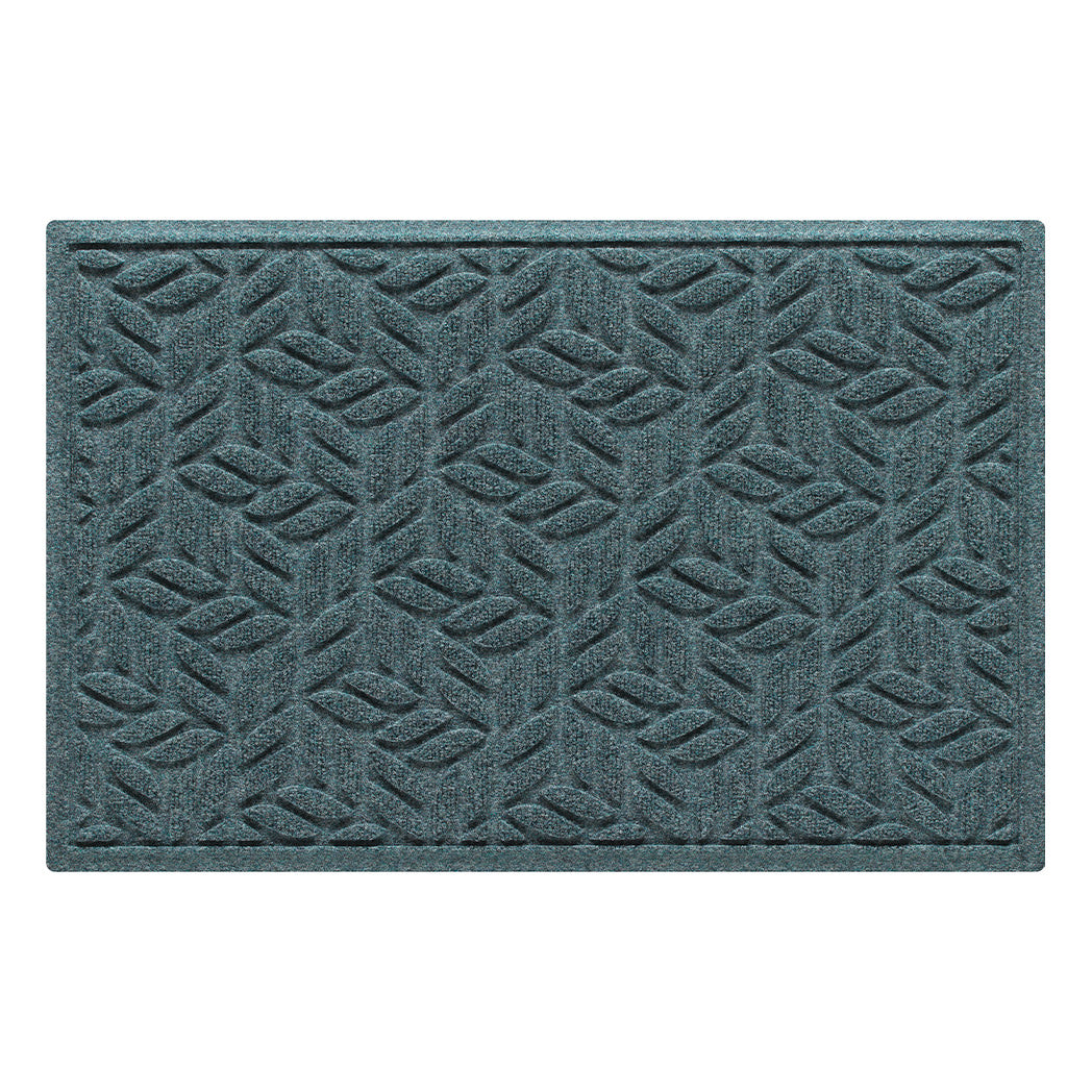 Premium WaterHog medium outdoor doormat in a light blue/grey leaf petal design, and eco-friendly, durable surface.