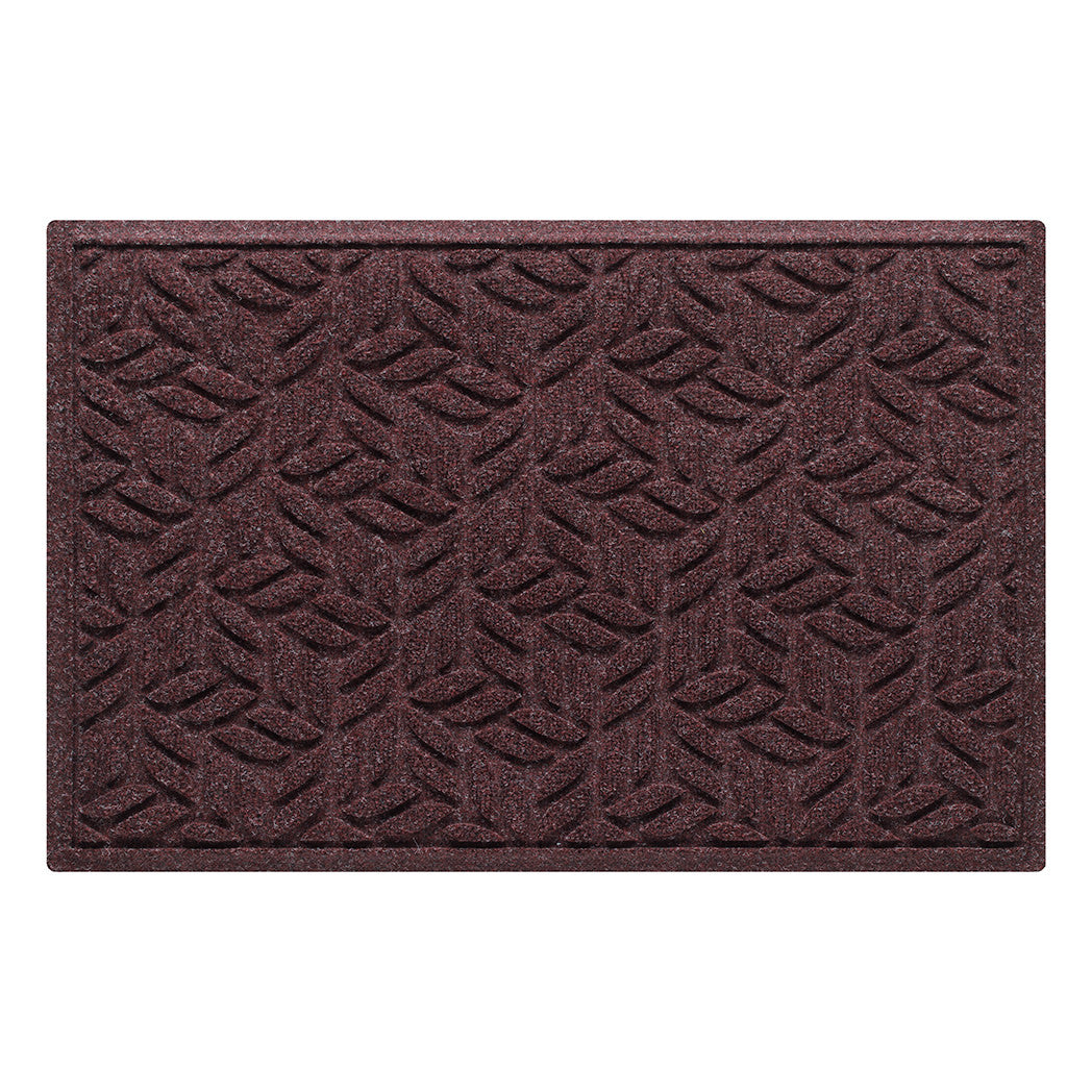 A WaterHog 2x3 outdoor all-weather door mat with a deep wine red leaf petal design, water-resistant surface, and durable rubber backing.