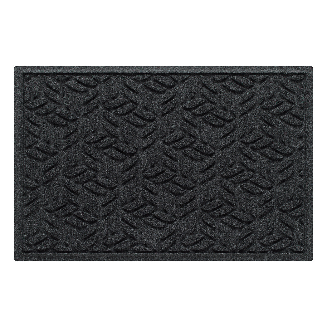 A WaterHog 2x3 indoor/outdoor luxury door mat with a deep grey leaf petal design, fade-resistant surface, and durable rubber backing.