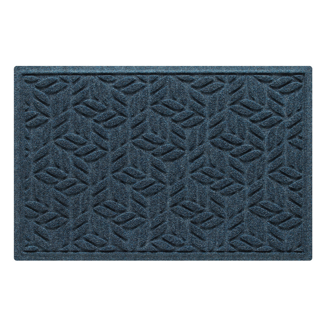 Genuine WaterHog medium outdoor door mat with a relaxed blue leaf petal design, fade-resistant, rugged surface.