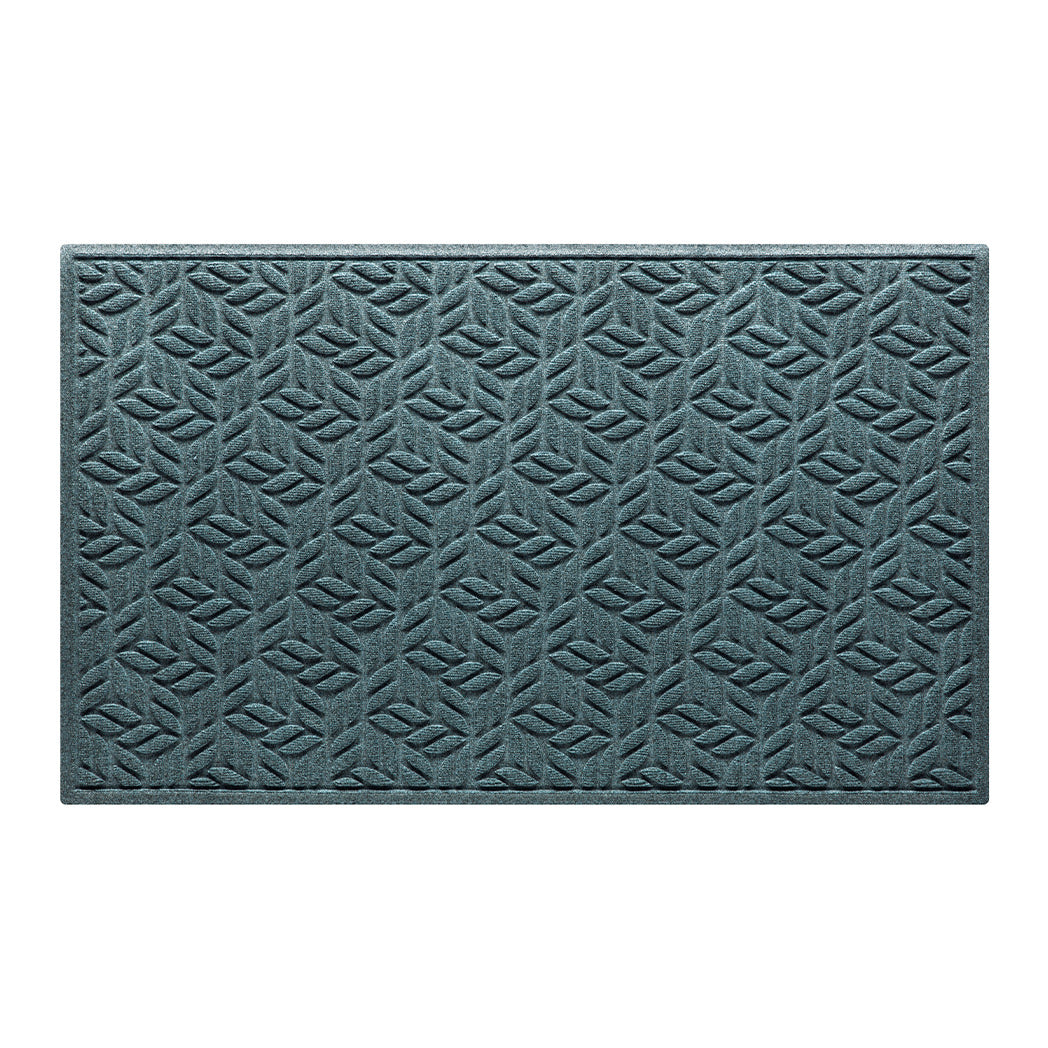 Premium WaterHog large outdoor doormat in a light blue/grey leaf petal design, fade-resistant, rugged surface.