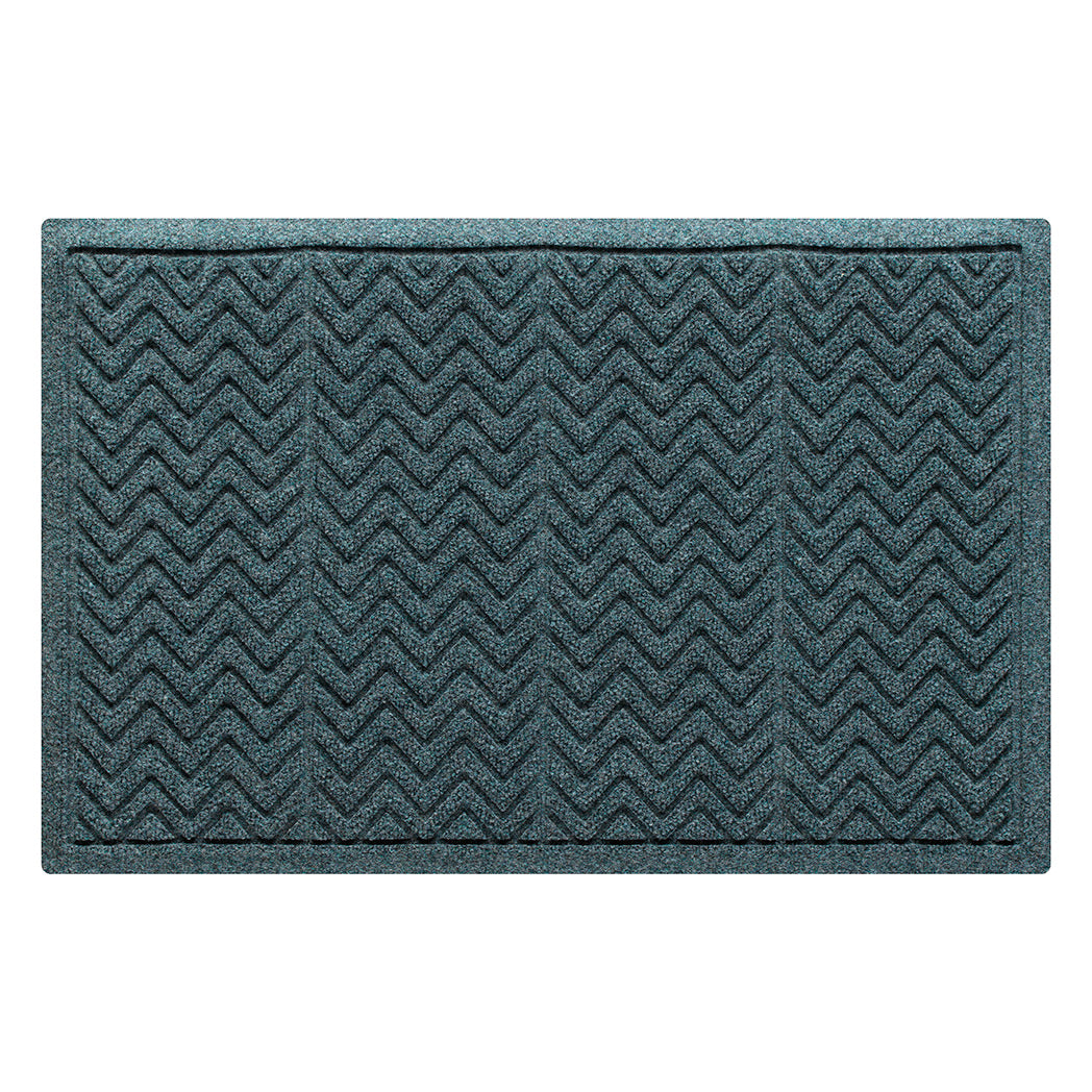 standard sized genuine WaterHog doormat in classic bluestone shade with hues of blue, grey, and green made of recycled materials with a durable rubber backing.