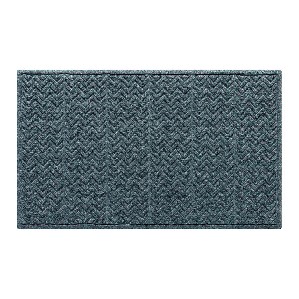 Beautiful chevron patterned all-weather indoor/outdoor doormat in a blue/green/gray shade made in the USA.