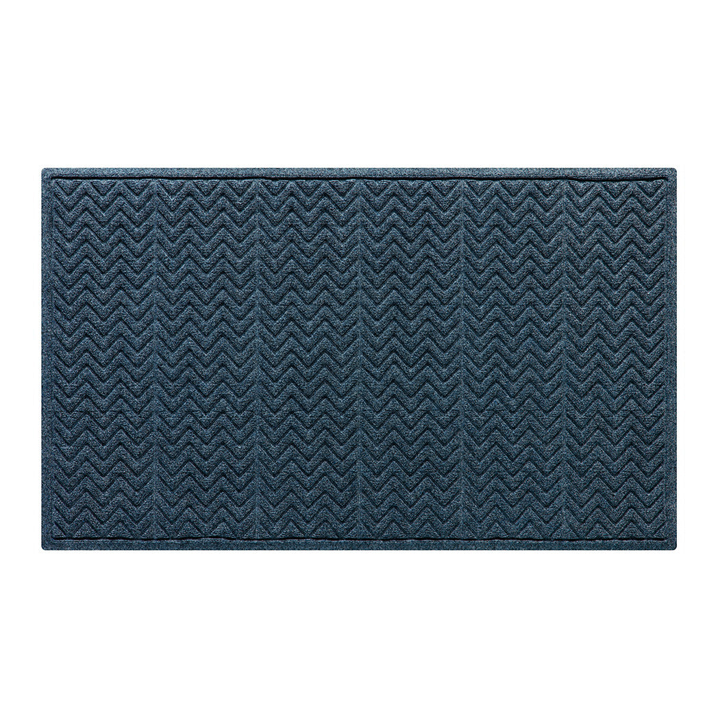 Genuine WaterHog indoor/outdoor doormat in classic navy blue with a chevron pattern made of recycled PET with rubber backing to help prevent sliding.