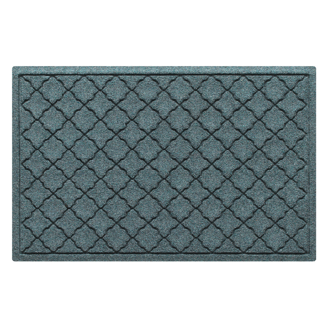 Cordova WaterHog 2x3 indoor/outdoor doormat in a light blue/grey, repeating quatrefoil design; an American-made mat.