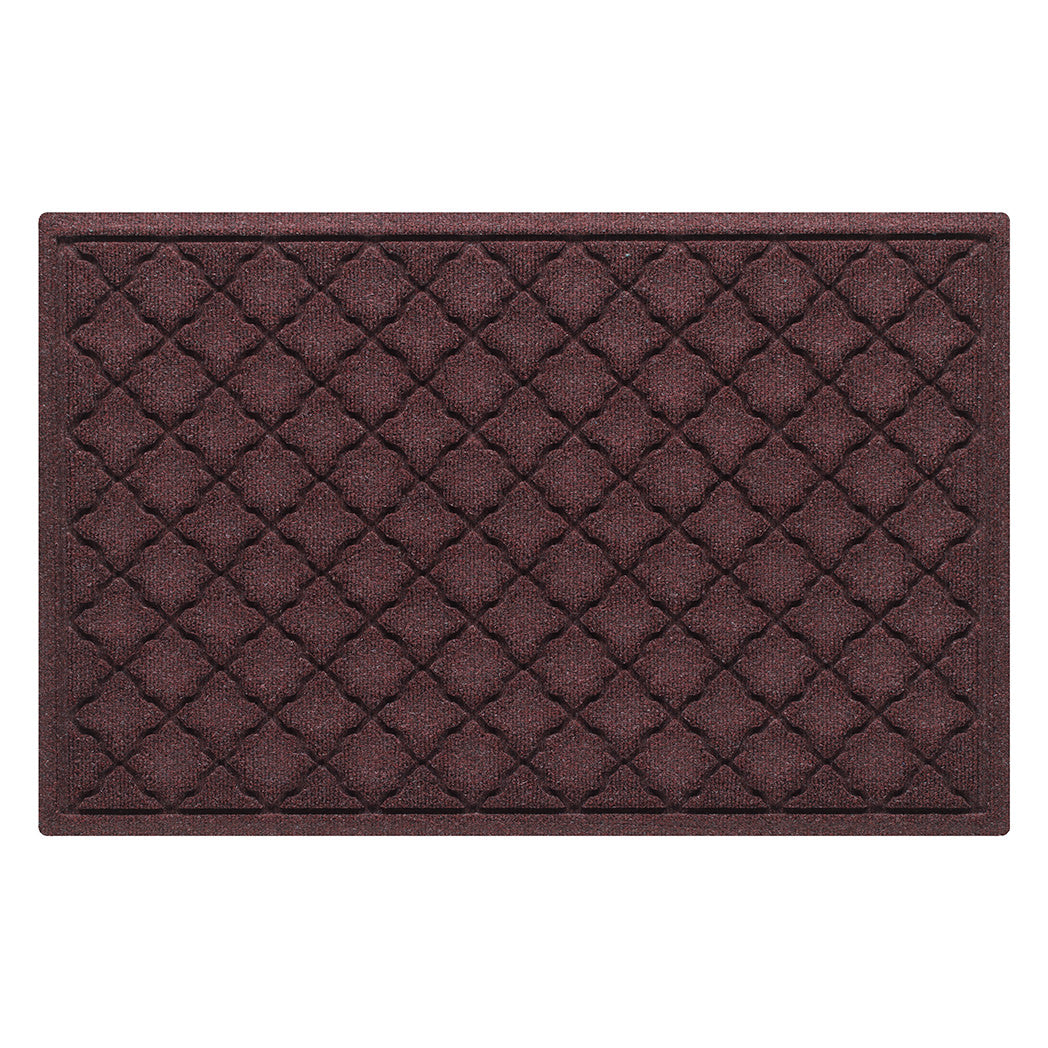 Cordova WaterHog 2x3 outdoor all-weather door mat with a deep wine red repeating quatrefoil design.