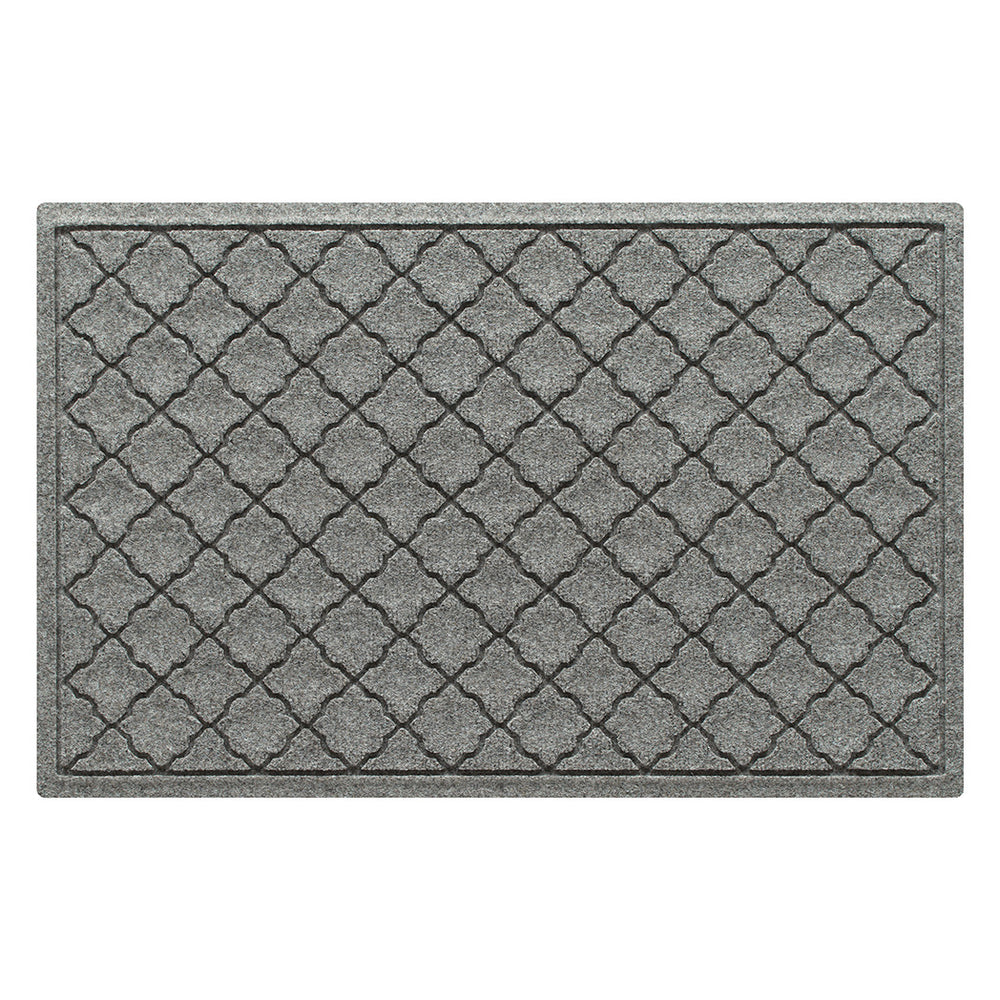 Overhead of a WaterHog medium-sized premium doormat in a light grey repeating quatrefoil, bi-level pattern.