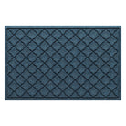 Overhead of a medium Cordova WaterHog indoor/outdoor door mat with a relaxed blue repeating quatrefoil pattern.