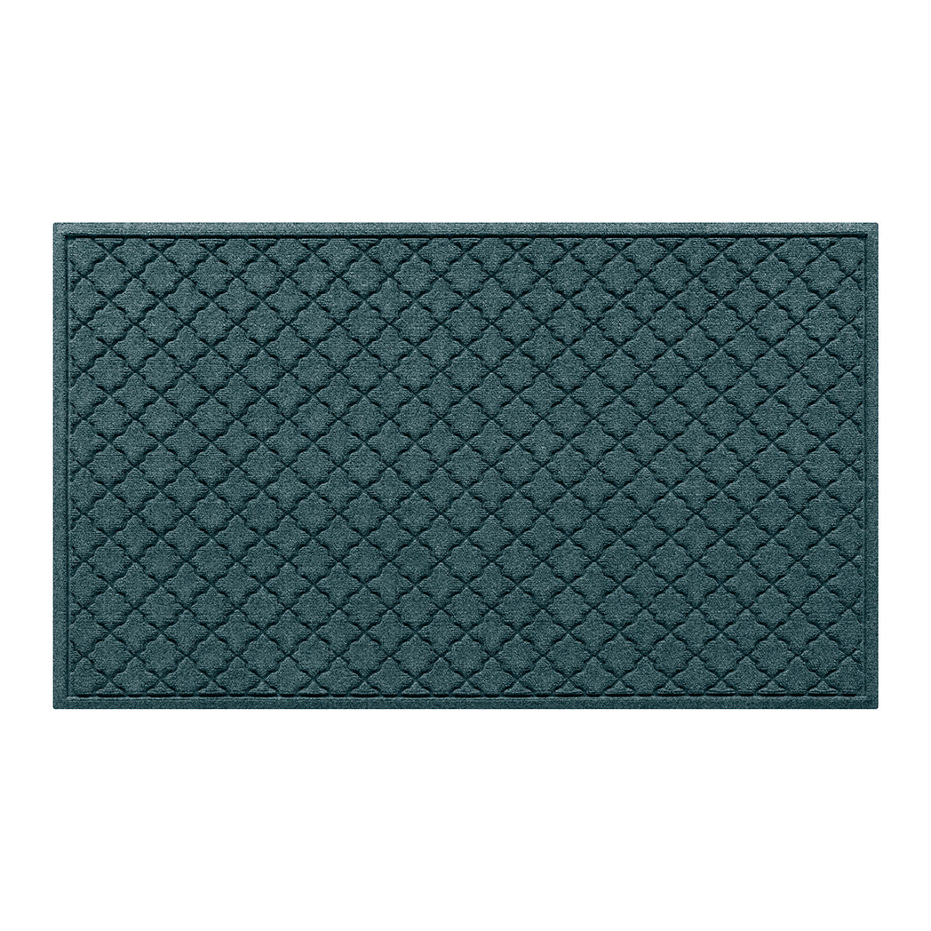 Cordova WaterHog 3x5 outdoor doormat in a light blue/grey repeating quatrefoil design, and durable rubber backing.