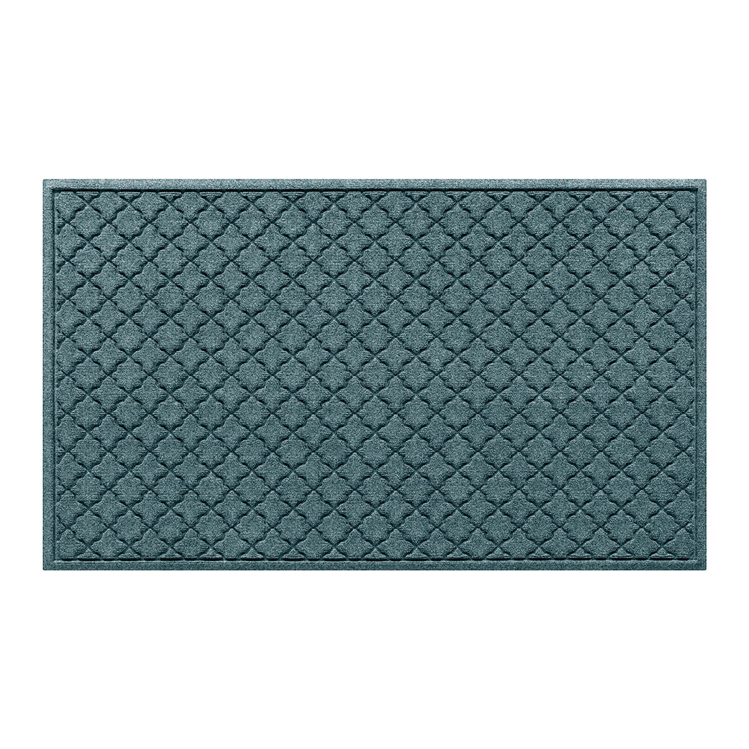 Cordova WaterHog 3x5 outdoor doormat in a light blue/grey repeating quatrefoil design, and durable rubber backing.
