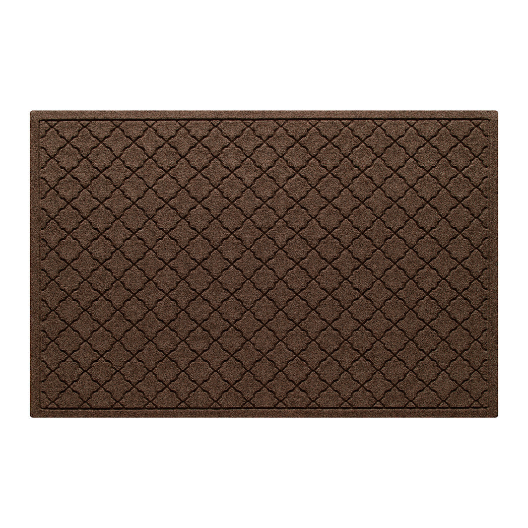 Cordova WaterHog 3x5 outdoor door mat in a dark earthy brown repeating quatrefoil and eco-friendly, durable surface.