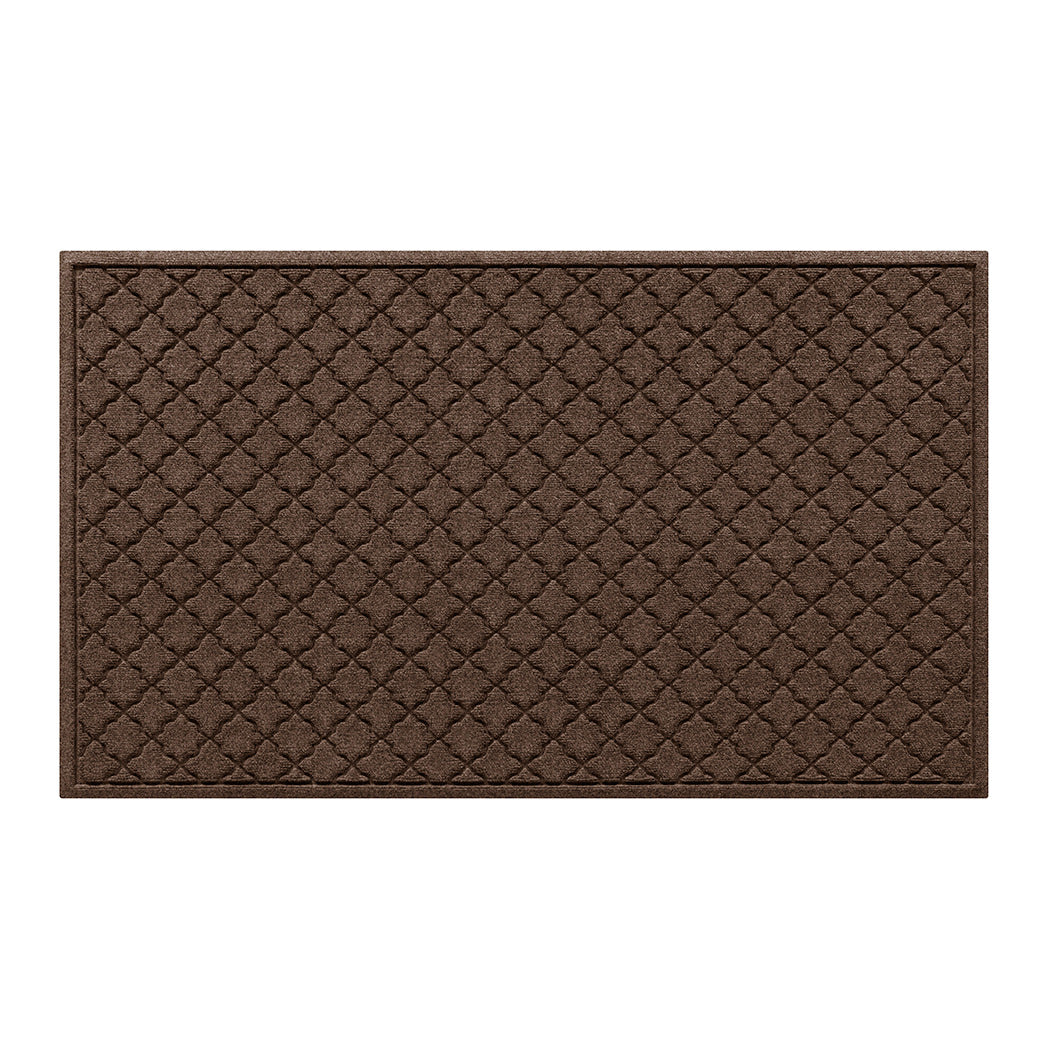 Cordova WaterHog 3x5 outdoor door mat in a dark earthy brown repeating quatrefoil and eco-friendly, durable surface.