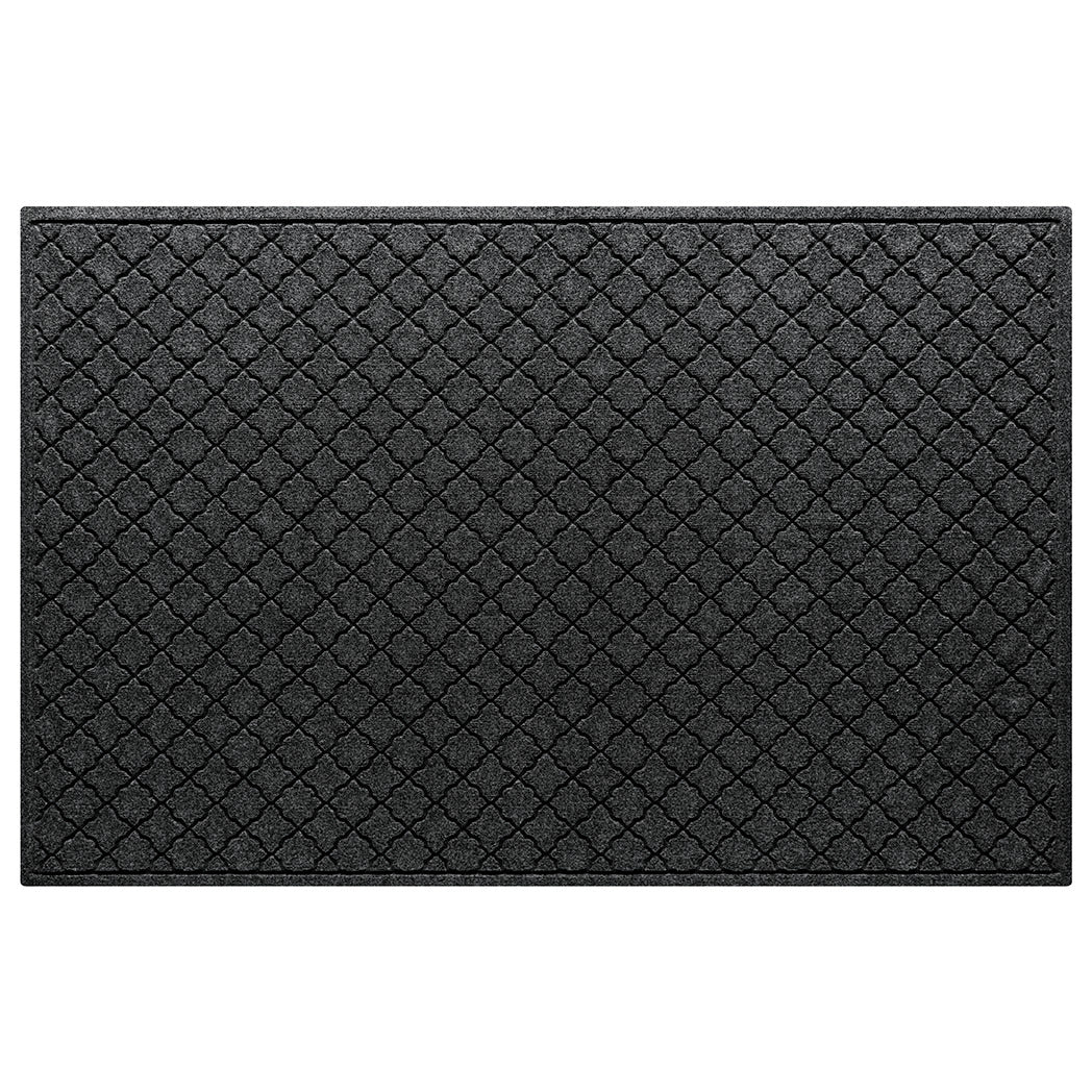 A Cordova WaterHog XL indoor/outdoor door mat with a deep grey repeating quatrefoil, bi-level design.