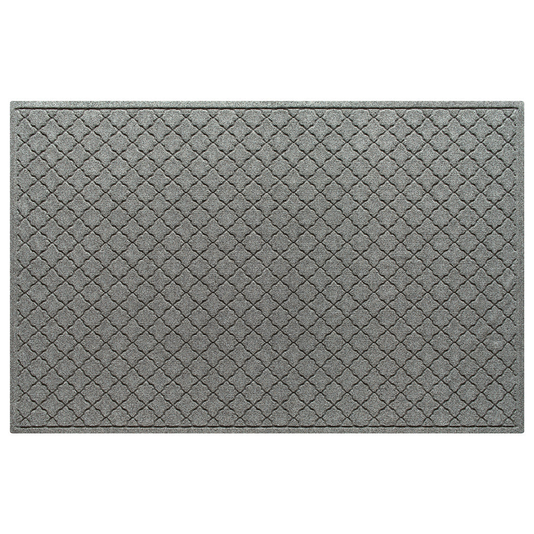 WaterHog 4x6 indoor/outdoor luxury doormat in a light grey repeating quatrefoil design; an American-made mat.