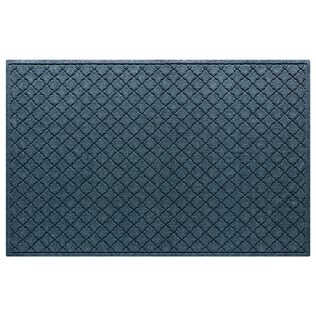 Quality WaterHog 4x6 indoor/outdoor door mat with a relaxed blue repeating quatrefoil design; an American-made mat.