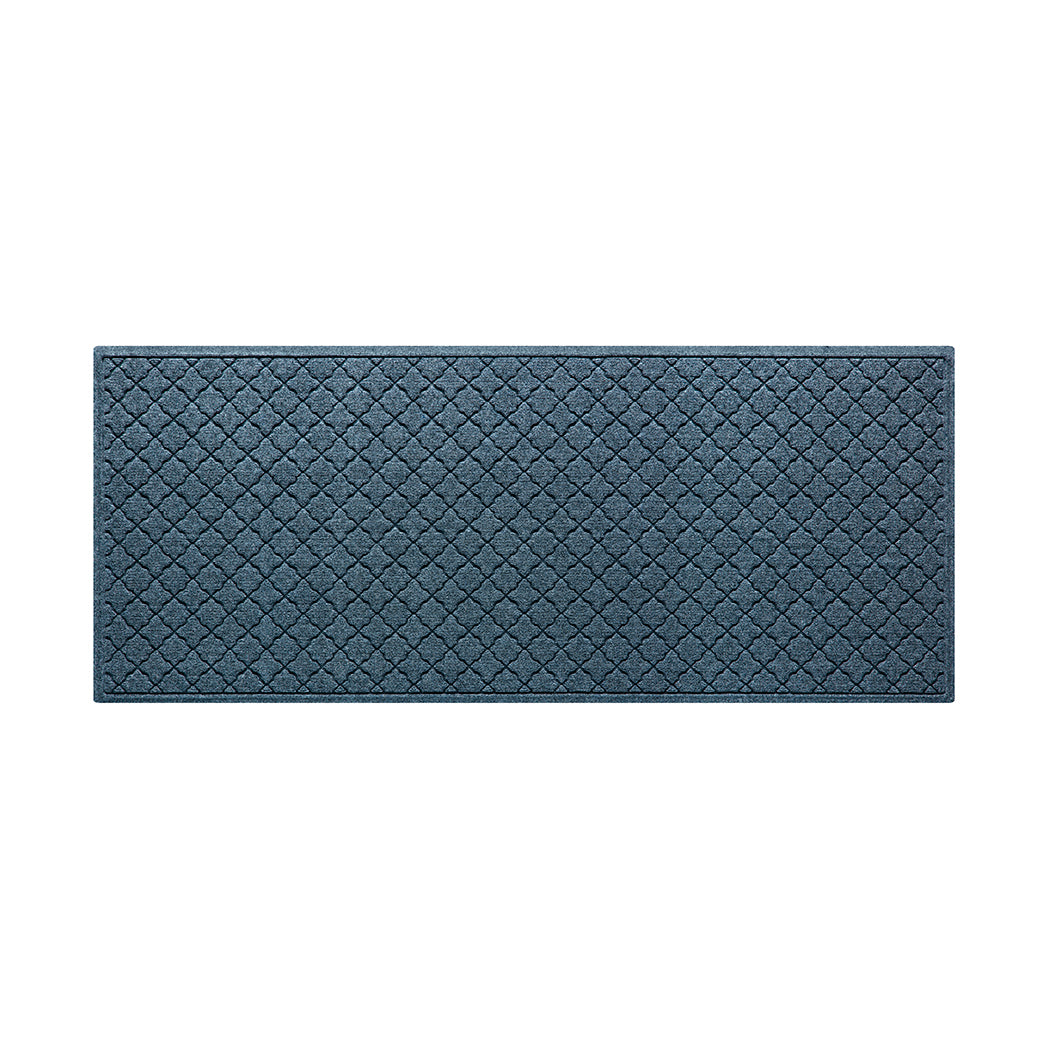 A quality WaterHog medium-sized runner with a relaxed blue repeating quatrefoil fade-resistant, rugged surface.
