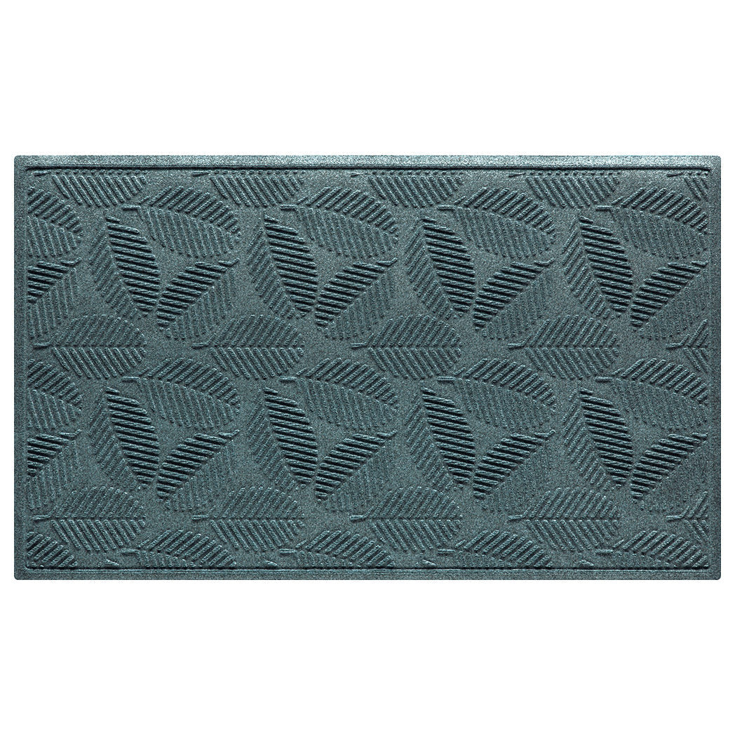 Premium WaterHog 3x5 outdoor doormat in a light blue/grey leafy design, stain-resistant surface, and durable rubber backing.