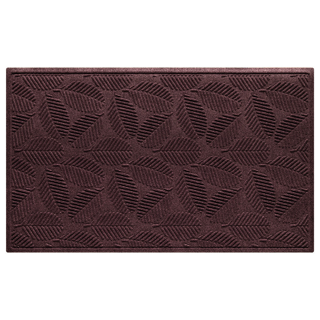 A large WaterHog 3x5 outdoor all-weather door mat with a deep wine red leafy design, water-resistant surface, and durable rubber backing.