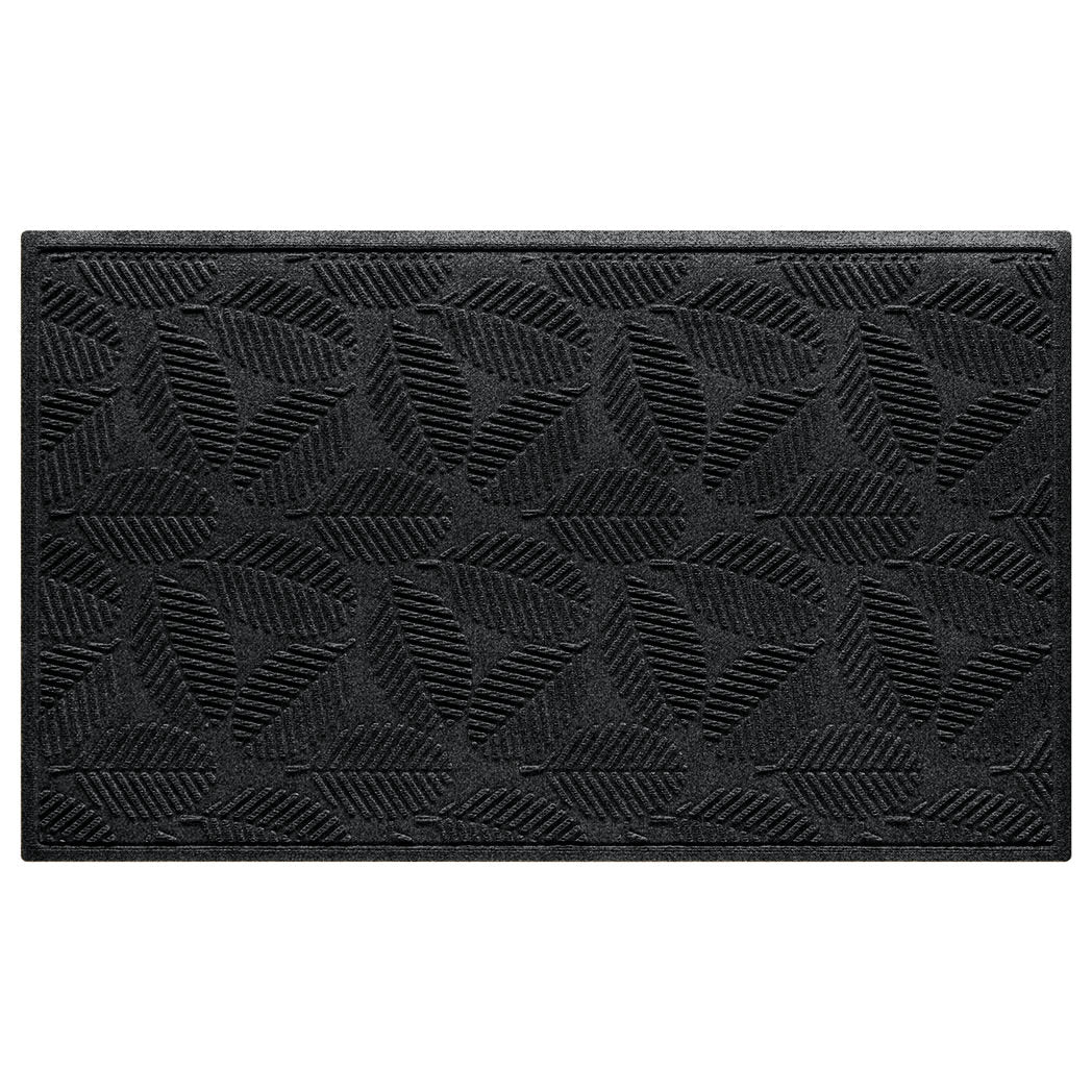 WaterHog 3x5 indoor/outdoor modern door mat with a deep grey leafy design, fade-resistant surface, and durable rubber backing.