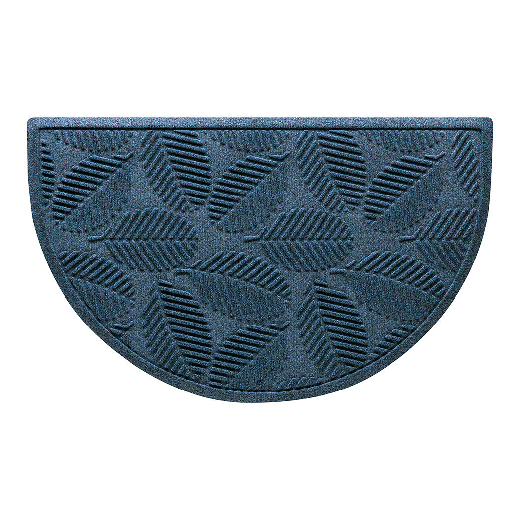 Luxury WaterHog outdoor half-round doormat with a relaxed blue leafy design, and fade-resistant, rugged surface.