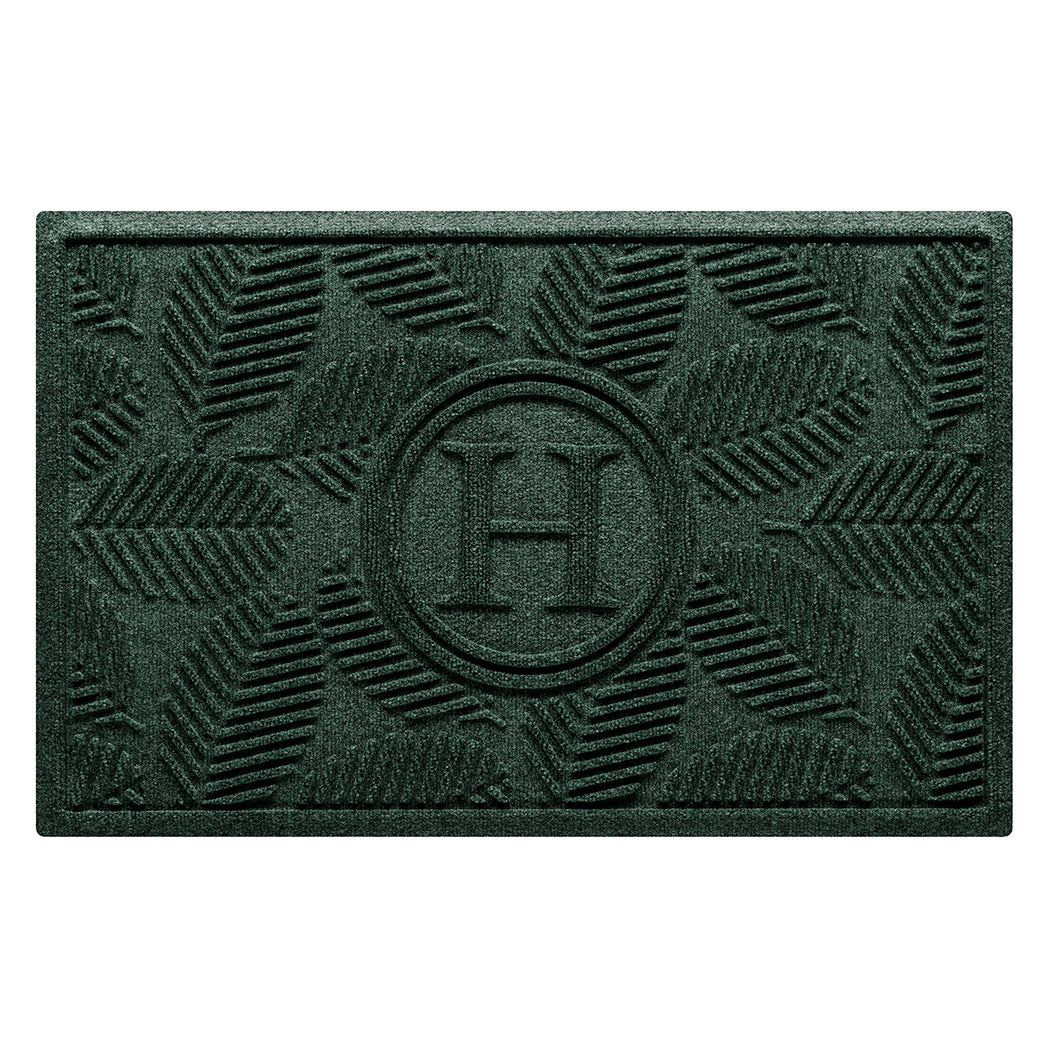 Personalized WaterHog 2x3 Deanna monogram doormat with a deep green leafy design; made in America.