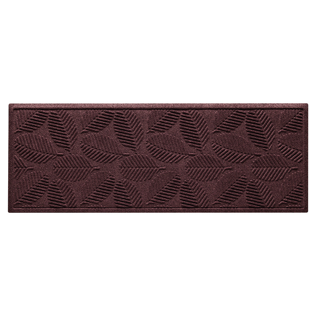 A WaterHog 2x5 outdoor all-weather small runner with a deep wine red leafy design, water-resistant surface, and durable rubber backing.