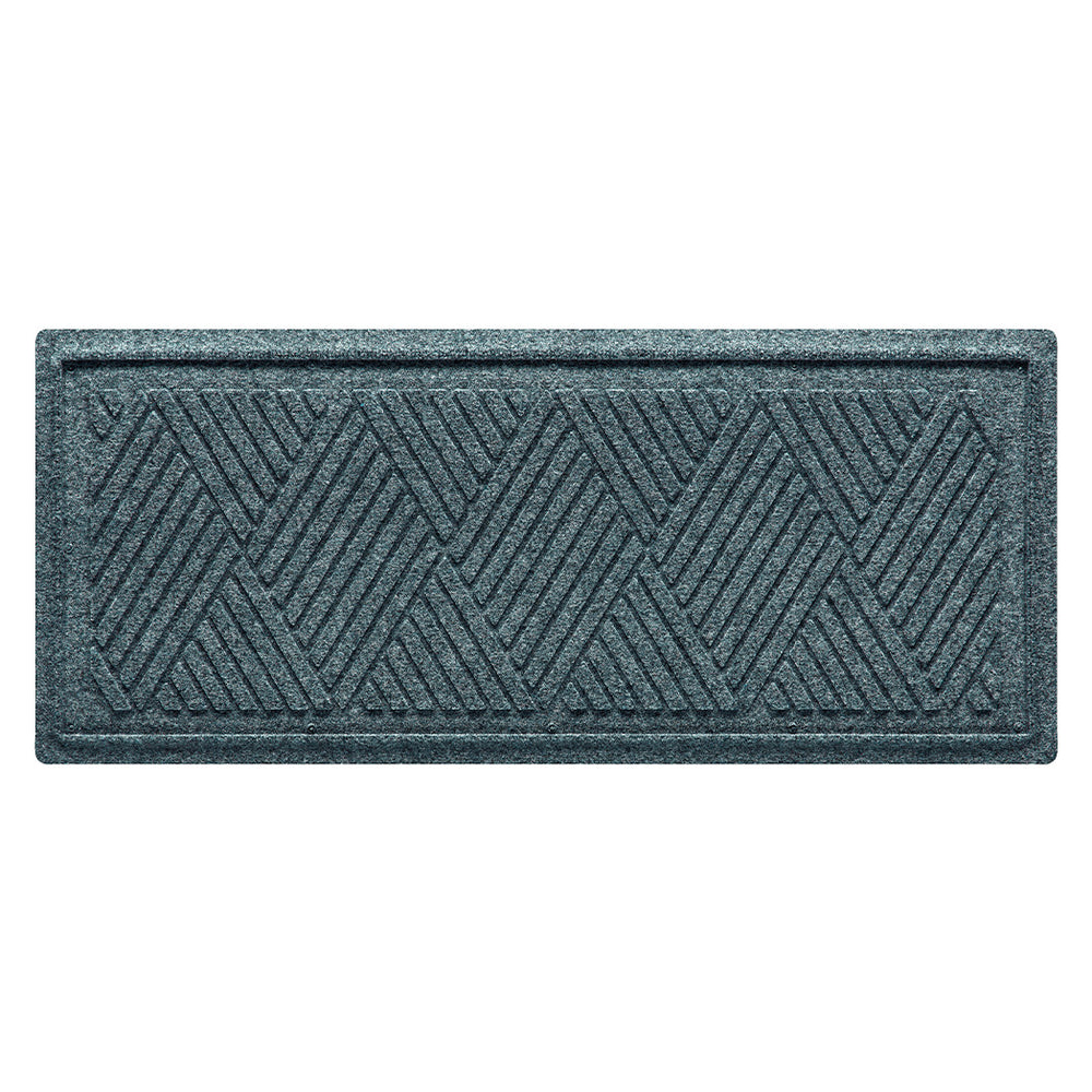 Overhead of a Diamonds WaterHog indoor boot tray in a light blue/grey crisscrossing linear pattern.