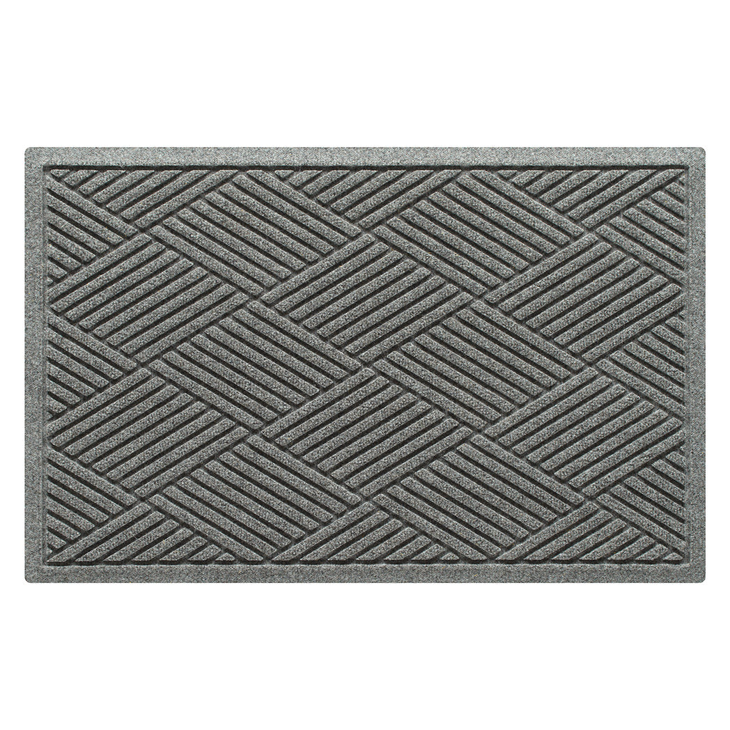 Overhead of a WaterHog medium-sized premium doormat in a light grey crisscrossing linear, bi-level pattern.