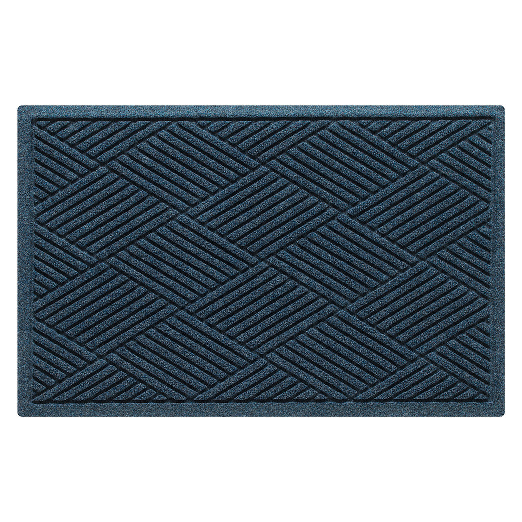 Overhead of a medium Diamonds WaterHog indoor/outdoor door mat with a relaxed blue crisscrossing linear pattern.