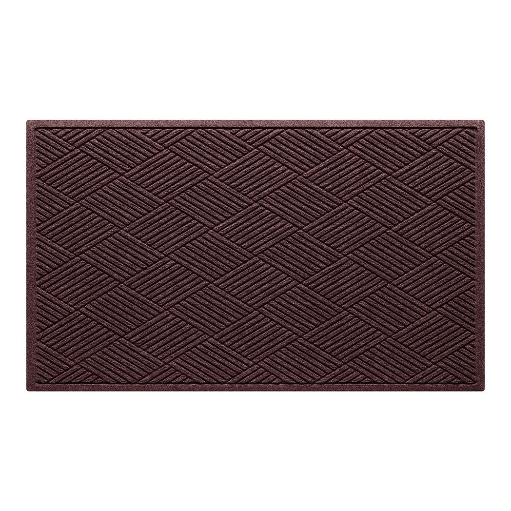 Overhead of a large Diamonds all-weather door mat with a deep wine red crisscrossing linear, bi-level design.