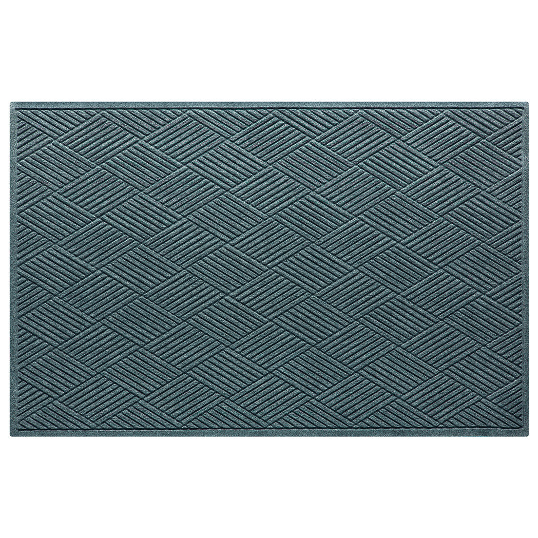 A Diamonds WaterHog XL outdoor doormat in a light blue/grey surface and crisscrossing linear pattern.